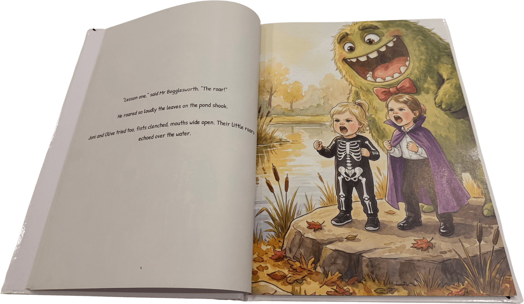 The printed hardcover open: the story on the left page and a full-page watercolour of the two girls roaring by the pond on the right