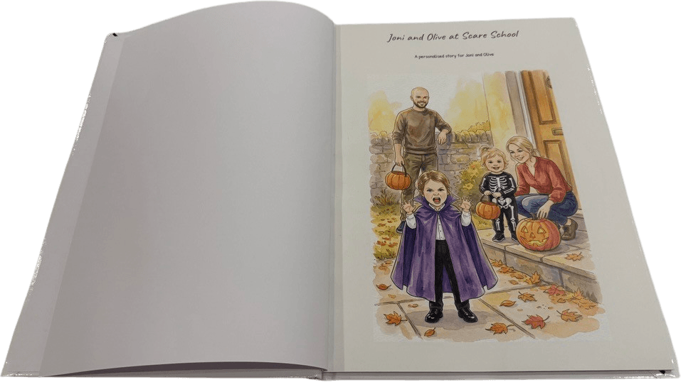 Our printed hardcover open at its title page, showing the watercolour family illustration