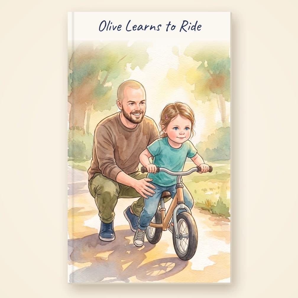 A personalised Real Life storybook: a dad crouching beside his little girl as she learns to ride her bike
