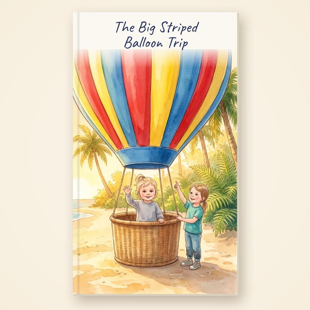 A personalised hardcover storybook for a hot air balloon adventure: a little girl waving from the basket of a red, yellow and blue striped balloon on a sunny beach, her sister pointing up beside her
